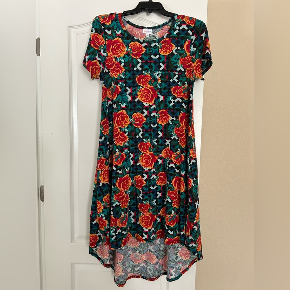 LuLaRoe Carly Hi-Low Floral Rose Print Short Sleeve Hi Low Swing Dress